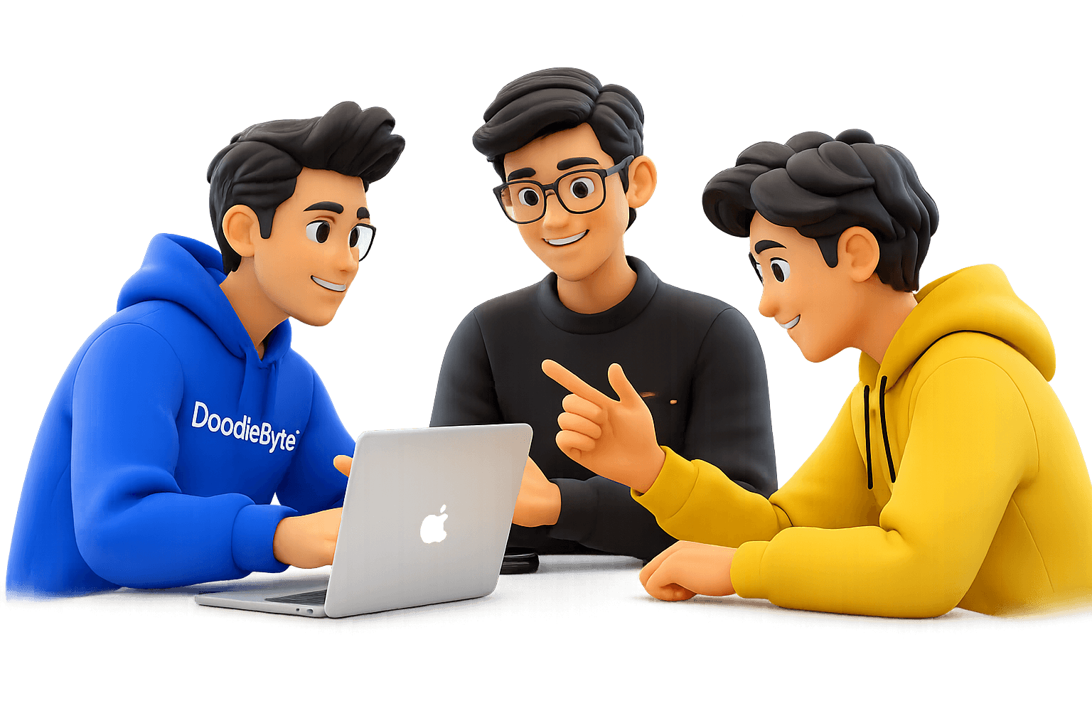 Three DoodleByte teammates collaborating around a laptop