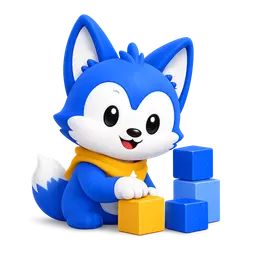 DoodleByte mascot playing with building blocks