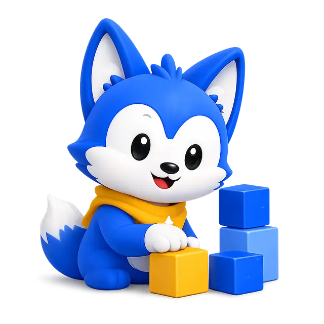 DoodleByte mascot playing with building blocks